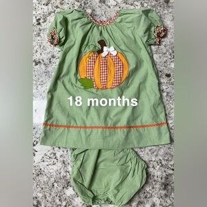 Baby girl fall Thanksgiving dress with bloomers green with pumpkin appliqué 18m